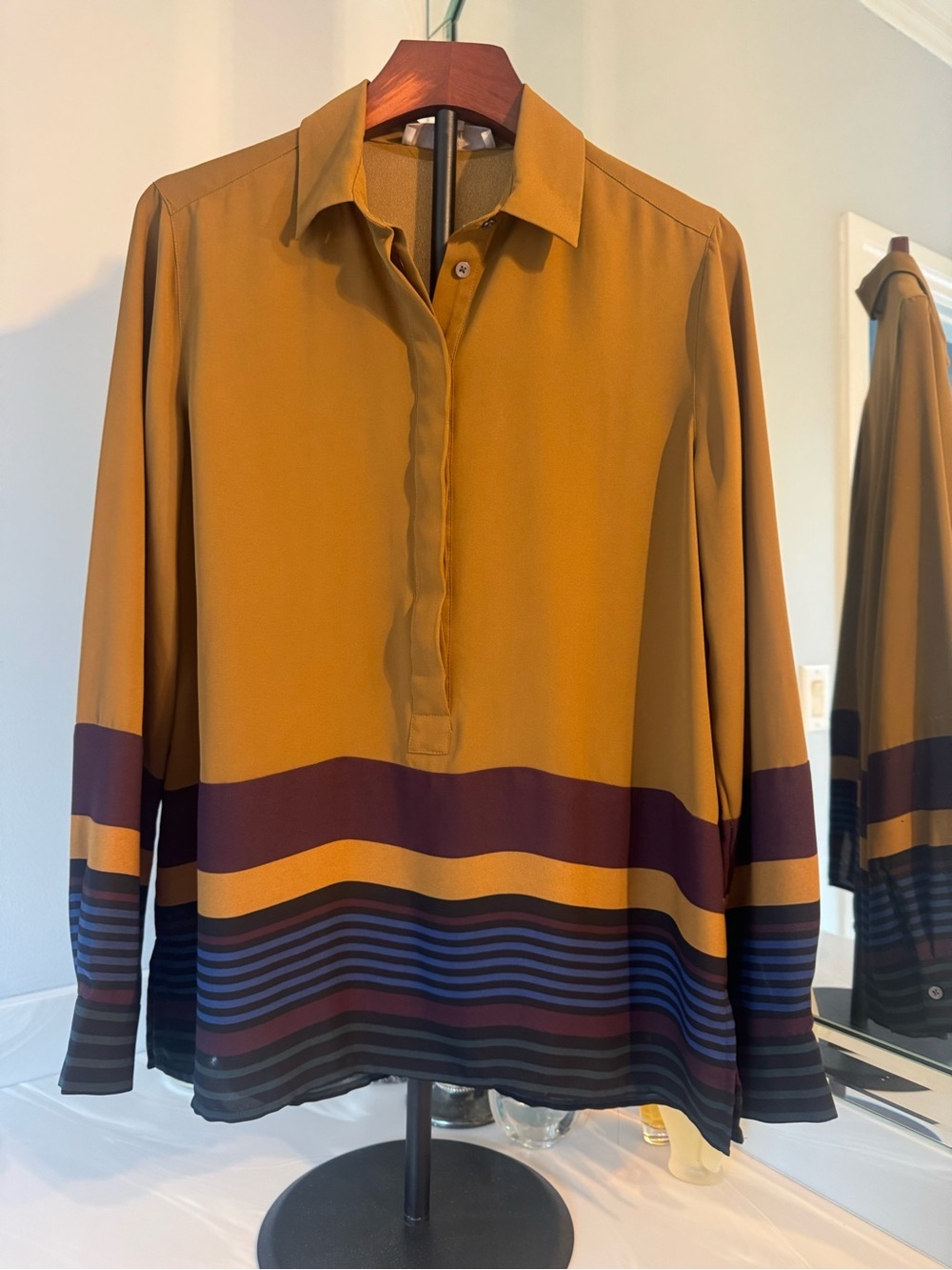 LOFT Women’s Mustard and Navy Striped Long-Sleeve Shirt US Small